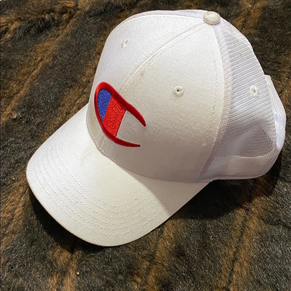 Champion White Hat with Red and Blue Emblem